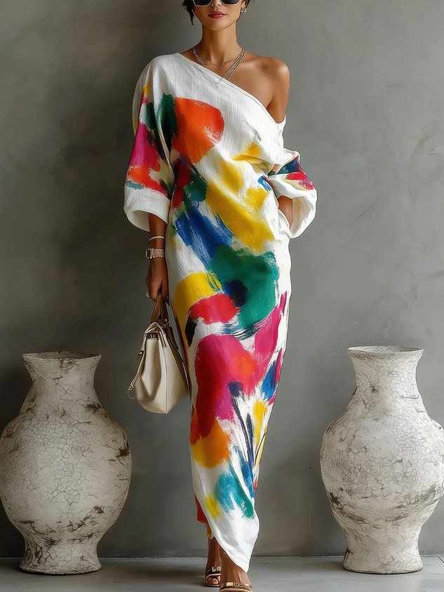 Léocadie – Robe longue asymétrique à imprimé abstrait, image 2