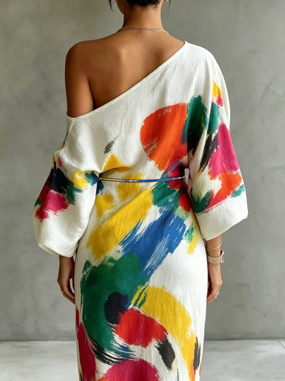 Léocadie – Robe longue asymétrique à imprimé abstrait, image 4