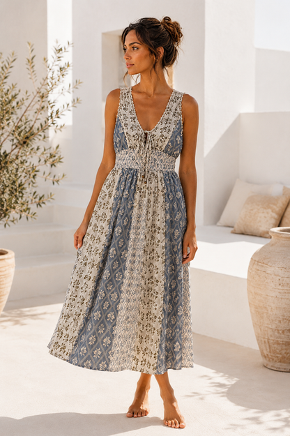 Maëlys – Robe longue bohème azur et olive, image 1