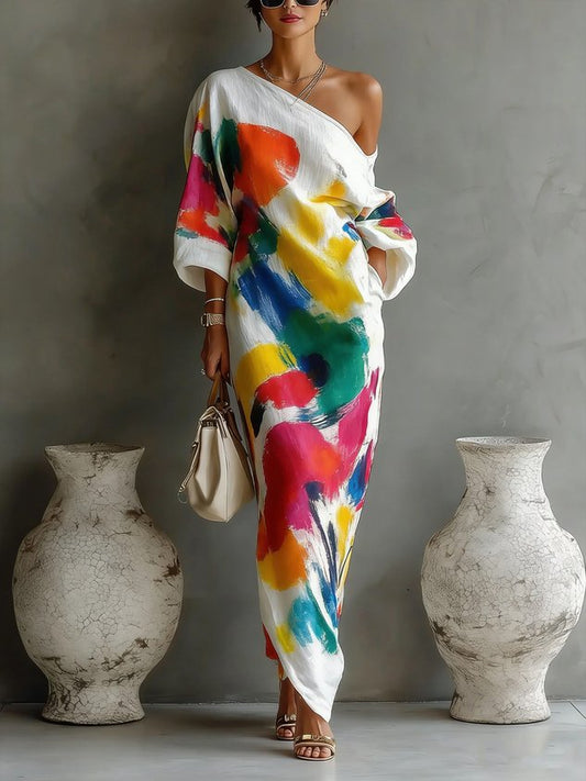 Léocadie – Robe longue asymétrique à imprimé abstrait, image 1