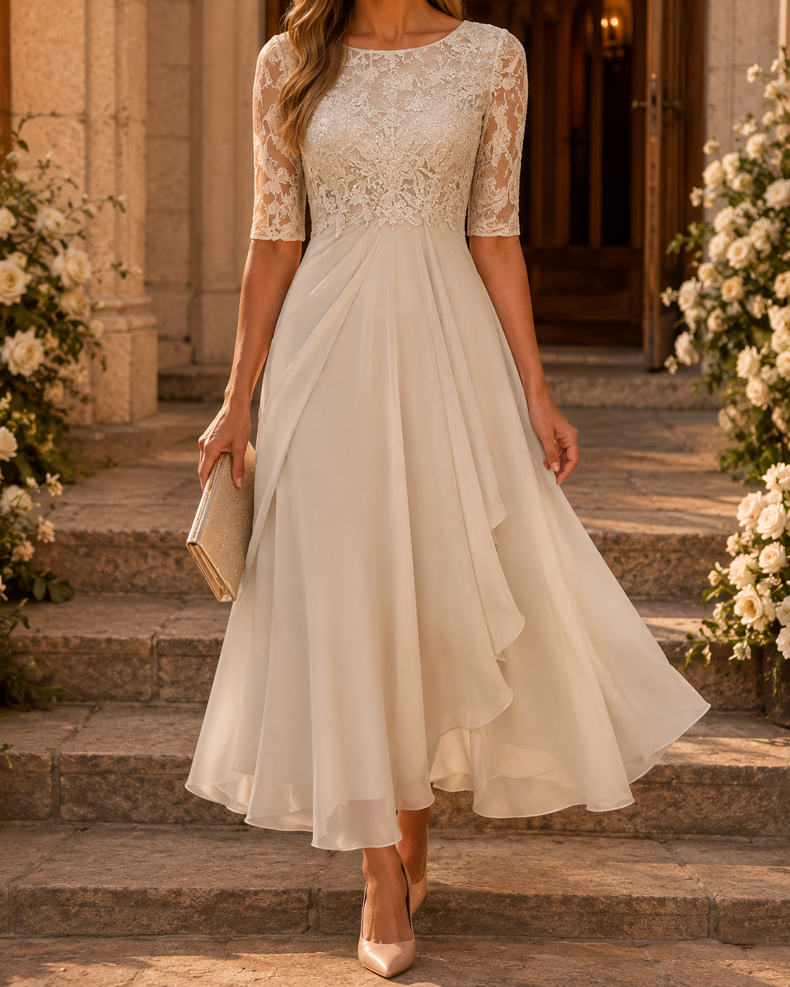 Bérangère – Robe midi en dentelle à jupe étagée, image 6