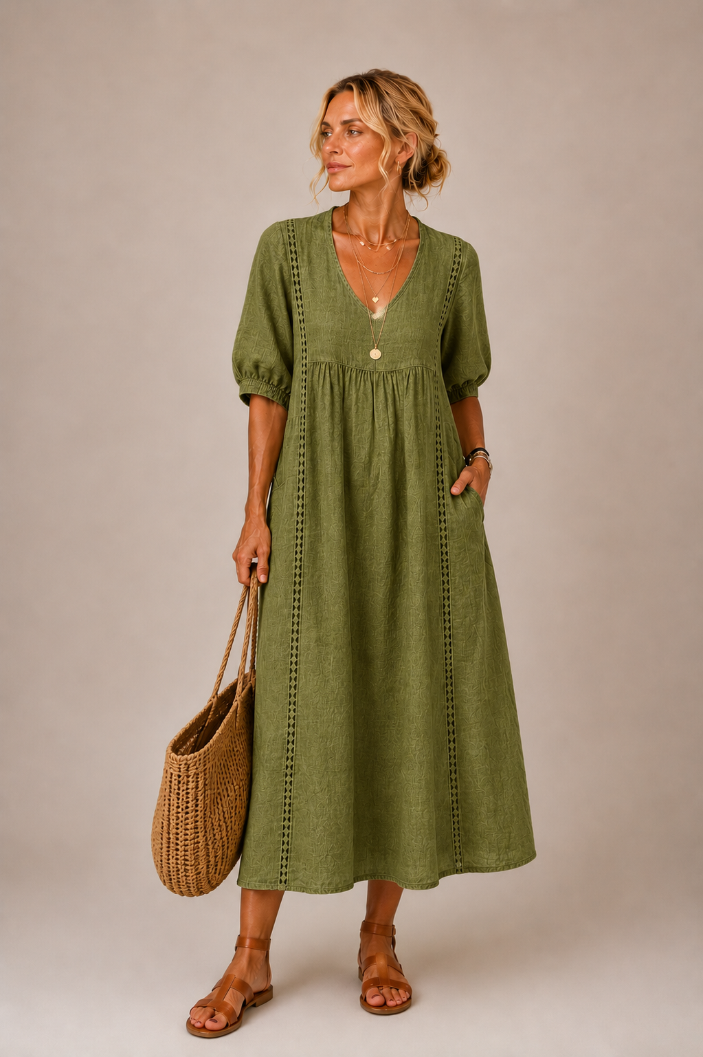 Soline – Robe midi en kaki