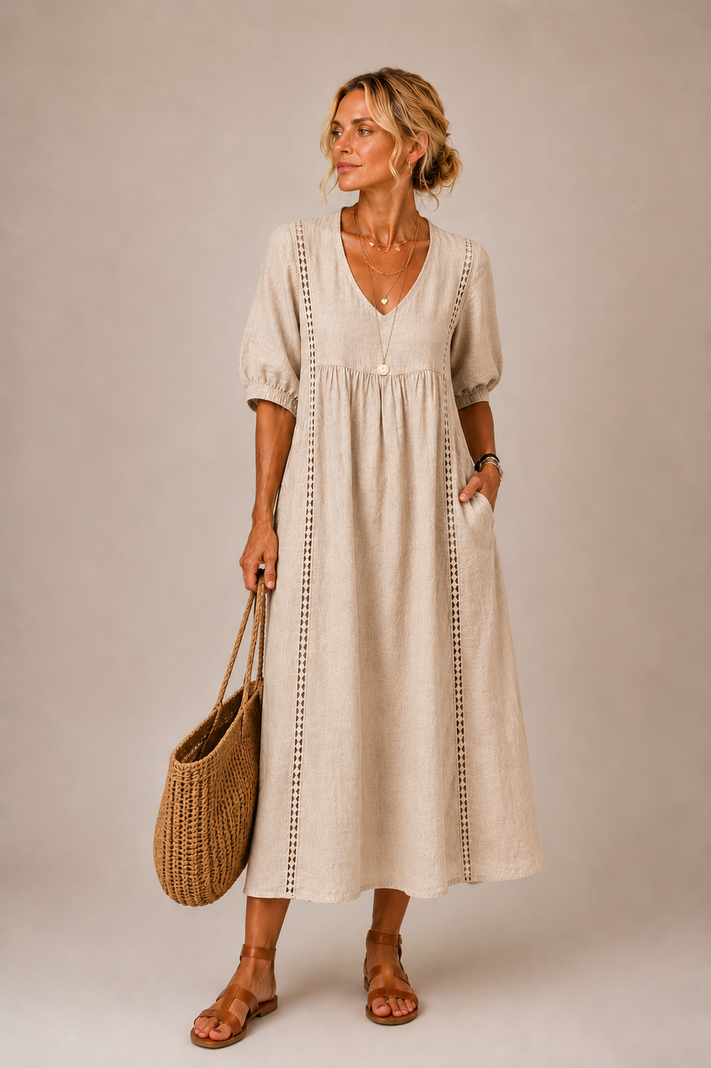 Soline – Robe midi en beige