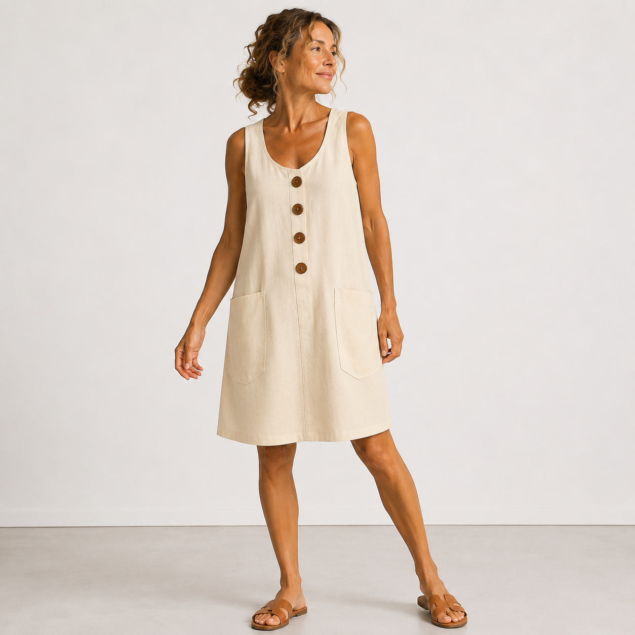Manon – Robe fluide en coton et lin – Beige