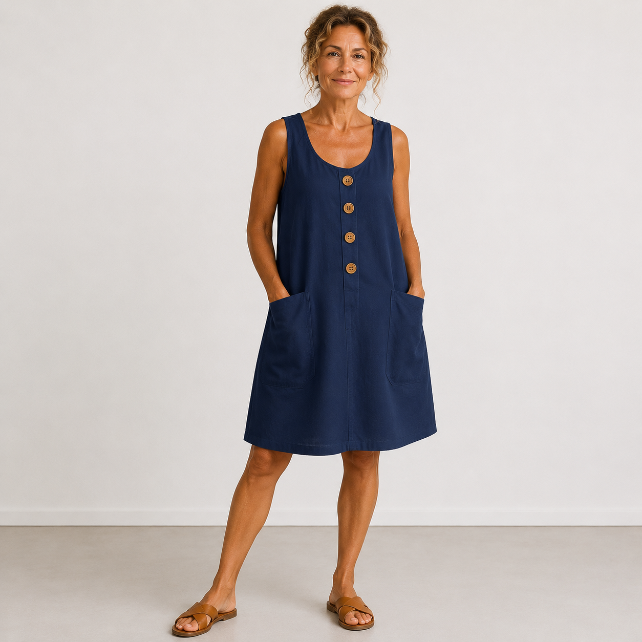 Manon – Robe fluide en coton et lin – Bleu