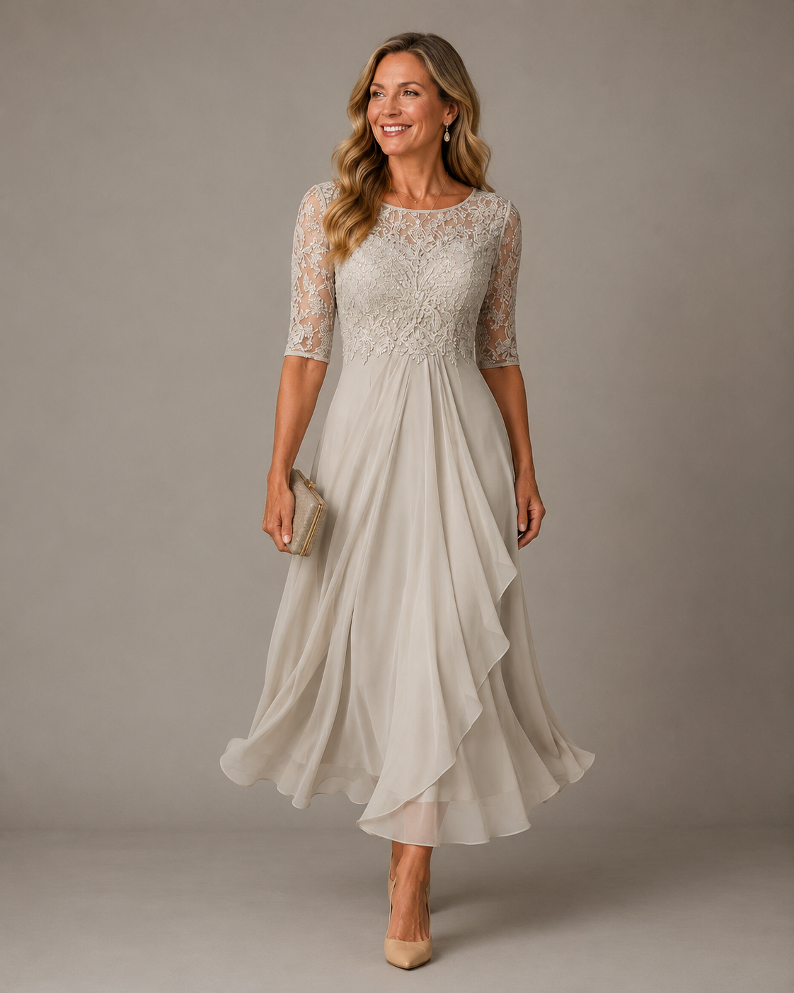 Bérangère – Robe midi en dentelle à jupe étagée, image 3