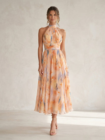 Clémence – Robe longue à col halter et imprimé aquarelle, image 1