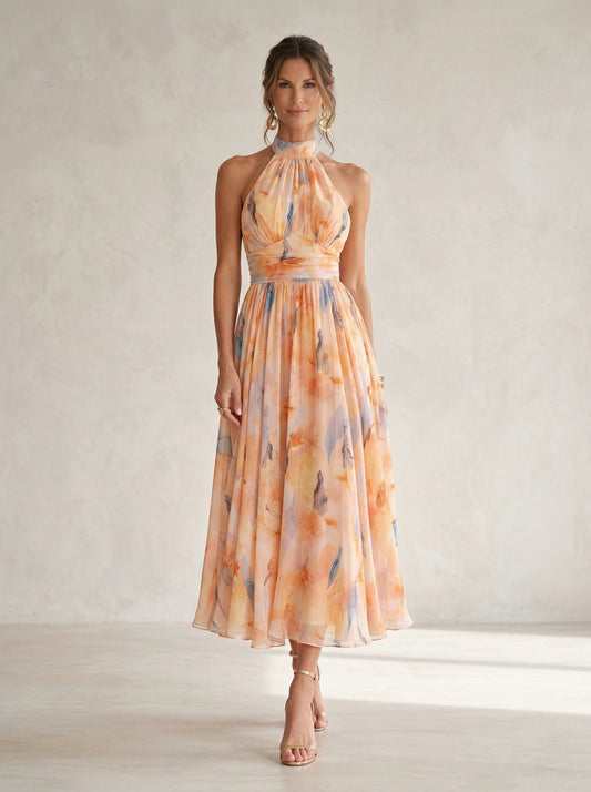 Clémence – Robe longue à col halter et imprimé aquarelle, image 1