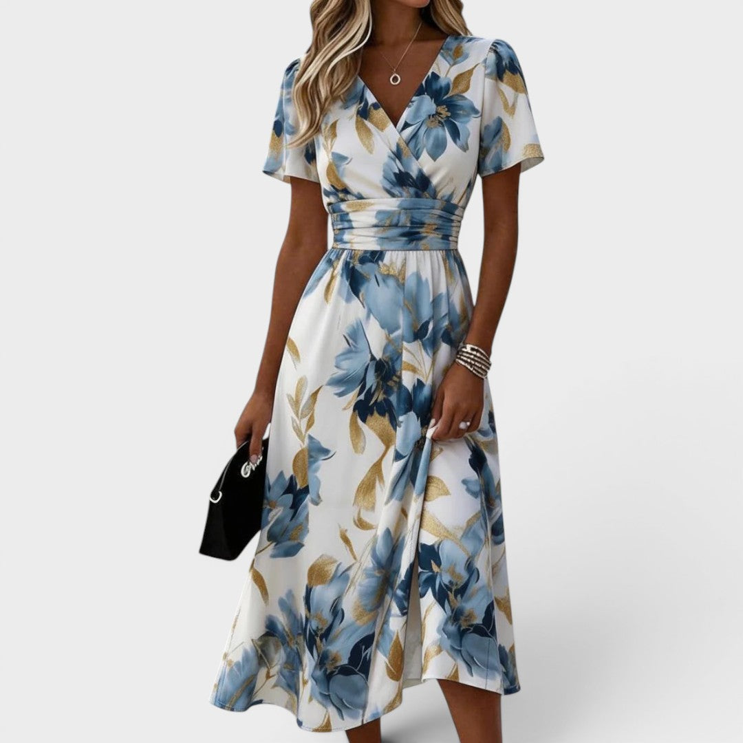 Guillemette – Robe midi fleurie aux reflets dorés, image 1