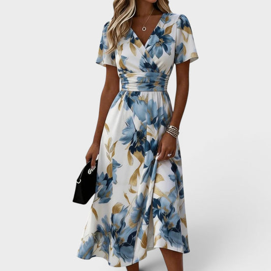 Guillemette – Robe midi fleurie aux reflets dorés, image 1