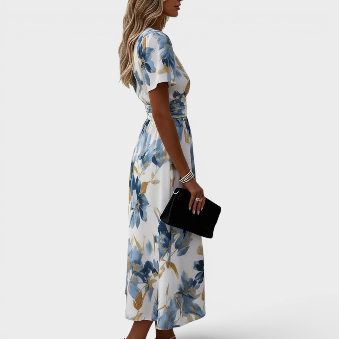 Guillemette – Robe midi fleurie aux reflets dorés, image 2