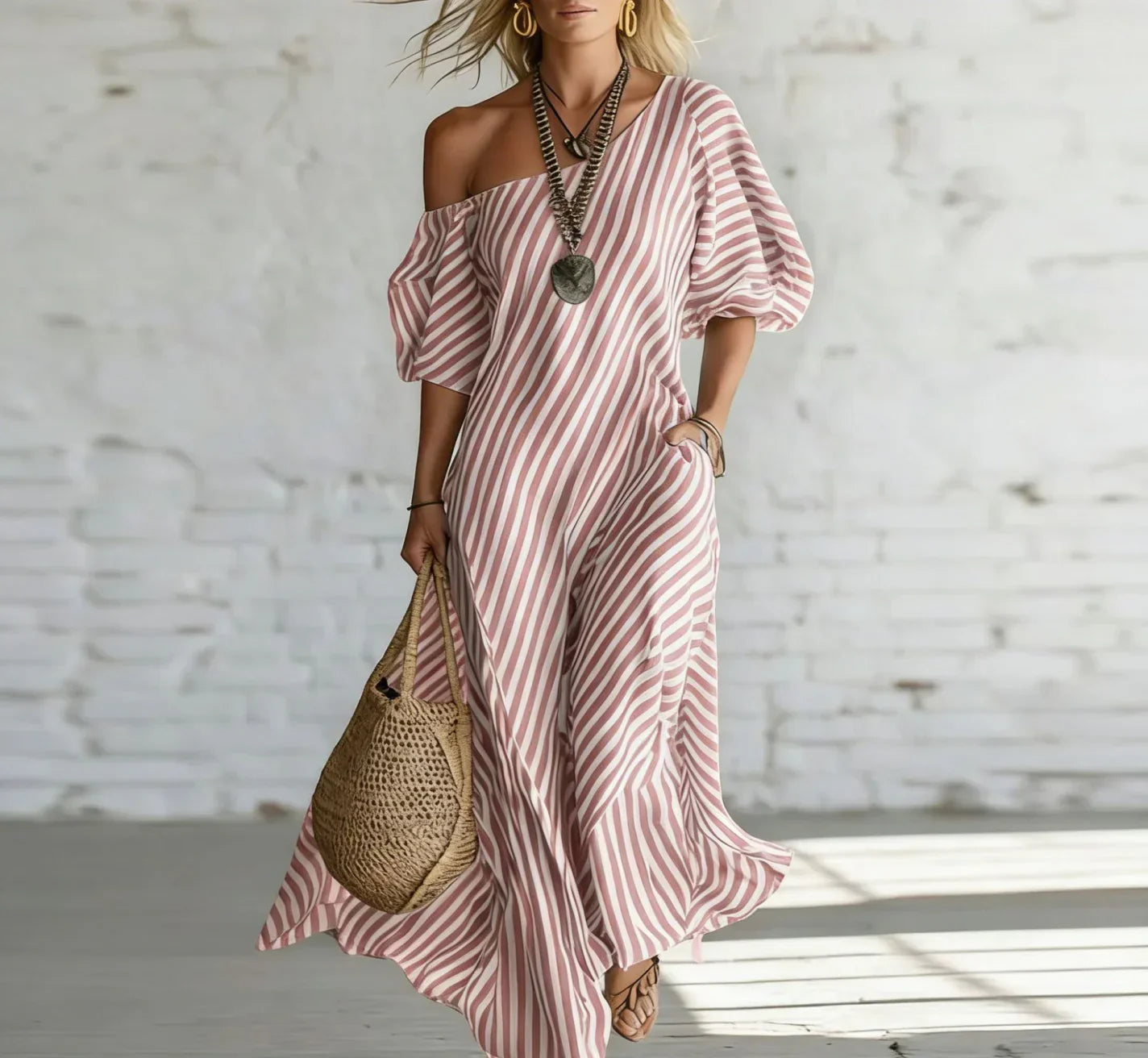 Roseline – Robe longue rayée à une épaule et poches, image 1