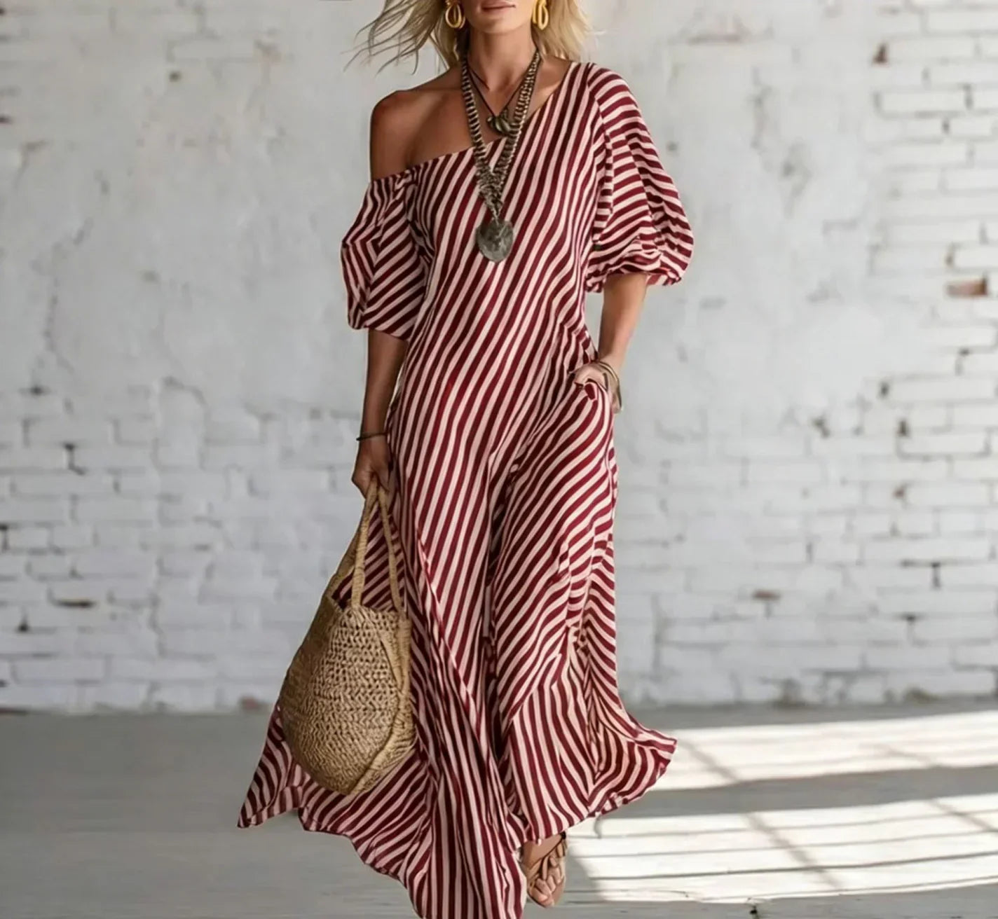 Roseline – Robe longue rayée à une épaule et poches, image 5