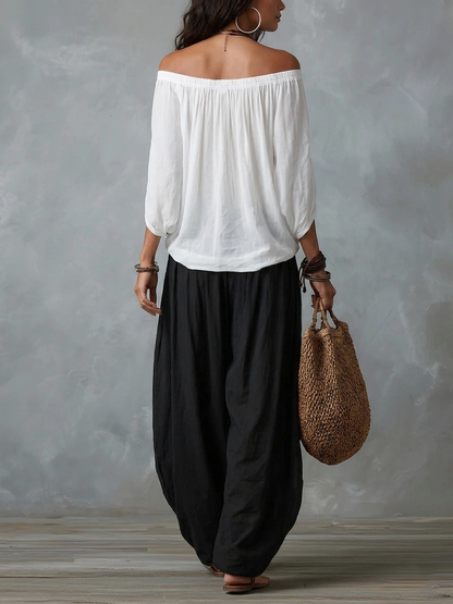 Mara – Ensemble blouse épaules dénudées et pantalon palazzo, image 4