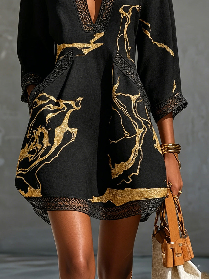 Diana – Robe courte noire et dorée à col V, image 4