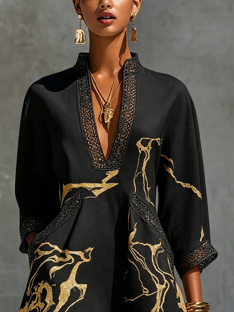 Diana – Robe courte noire et dorée à col V, image 1